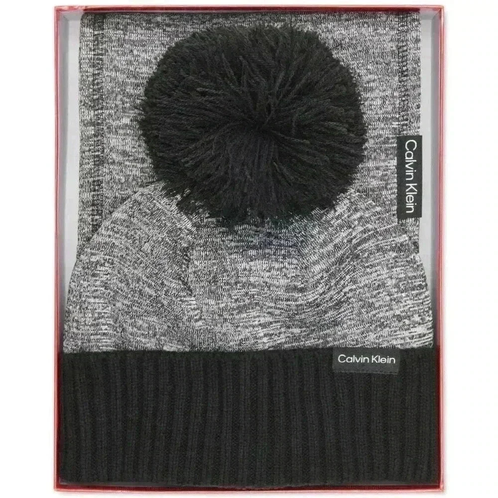 Calvin Klein Women's 2-Pc. Sweater Fleece Hat & Scarf Gift Set, Heather Charcoal